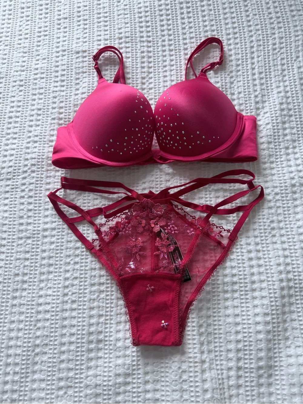 Red Embellished Push-Up Bra & Lace Strappy Panty Set